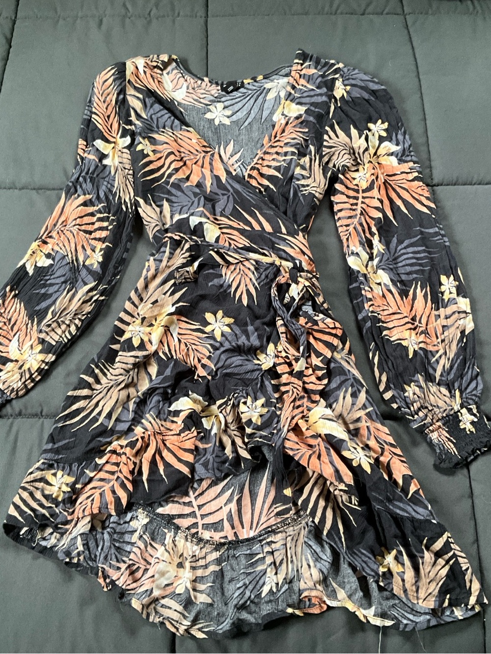 Billabong Black Floral Wrap Dress with Peach & Mustard Leaves